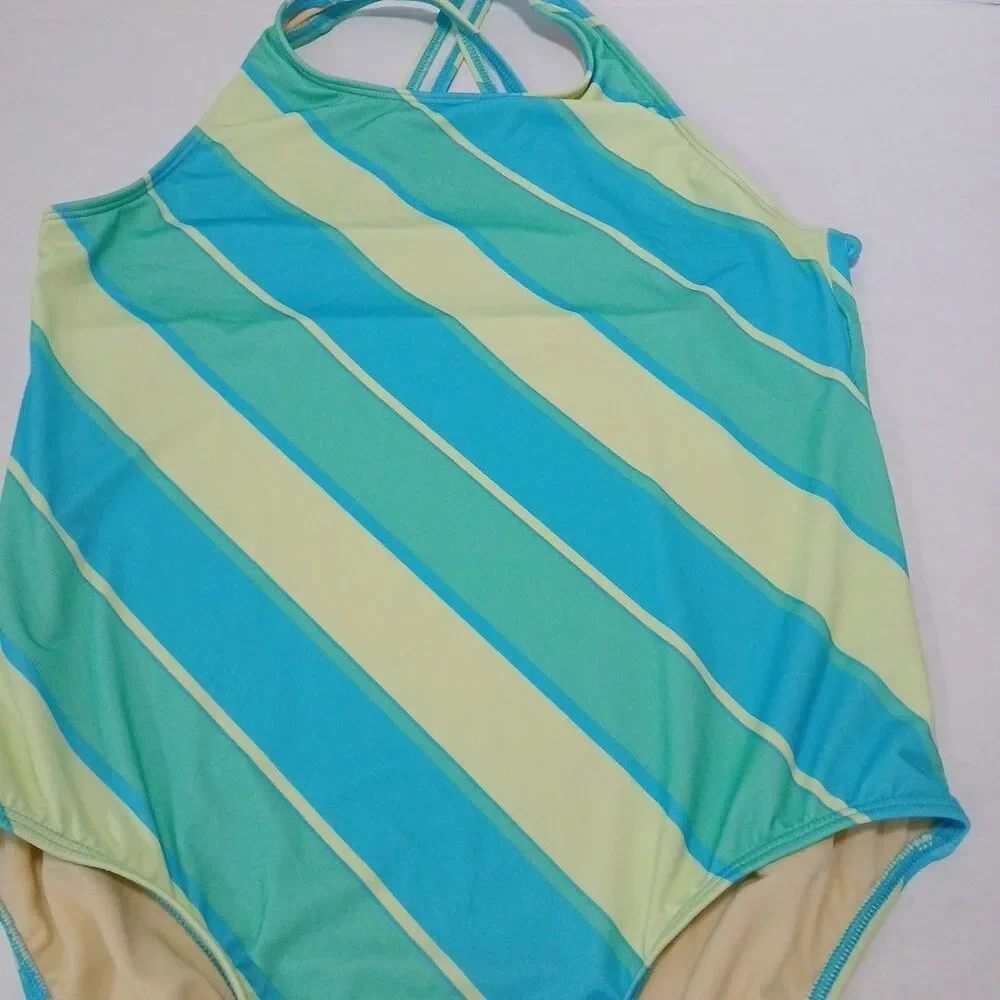 Lands End Girls Xlg (14-16) Chlorine Resistant 1 Pc Strped Swimsuit Multicolor